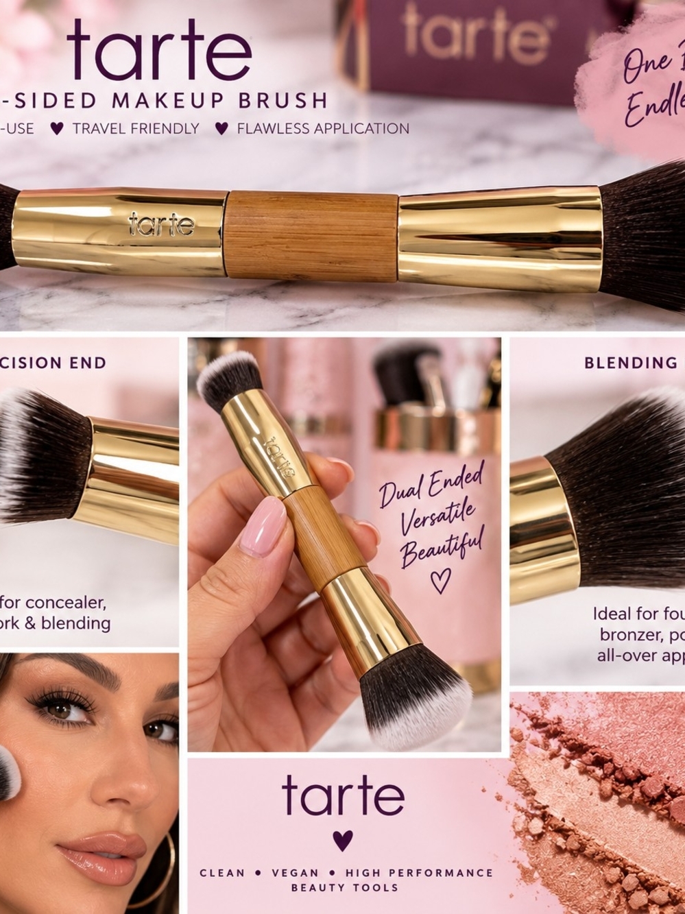 tarte Dual-Ended Makeup Brush – Gold & Natural Bamboo Handle